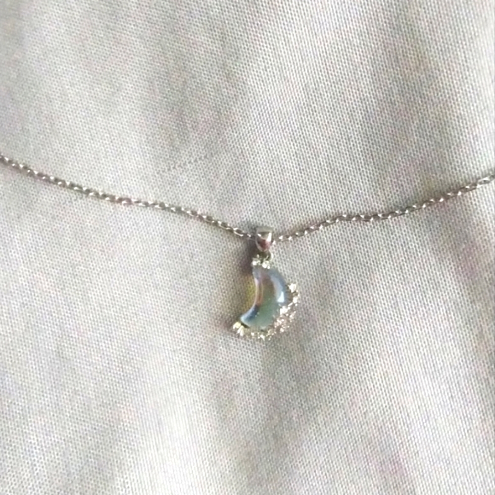 Sterling Silver Stamped Half Moon & Crystal Necklace - Picture 2 of 3